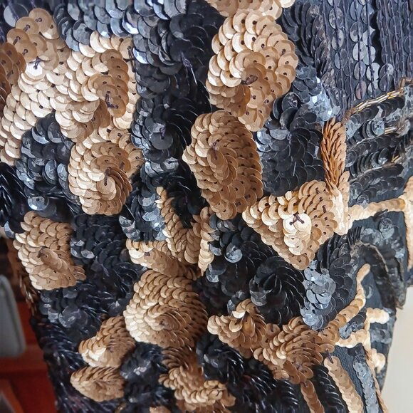 Large Vintage Sequin Floral Embellished Top Silk Sequined Black & Gold 90s - Picture 4 of 8